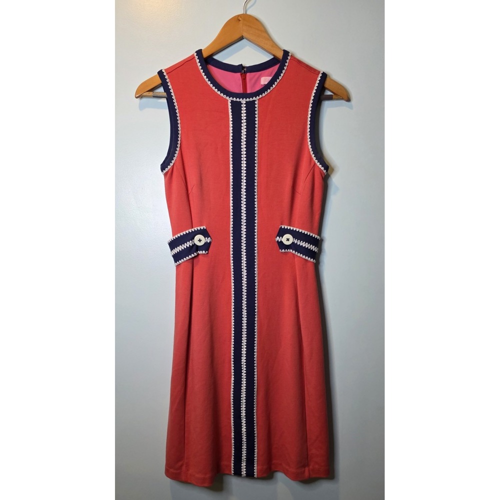 Lilly Pulitzer Coral Pink Navy Blue Ric-Rac Trim Sleeveless Shift Dress‎ XS